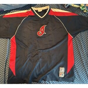 Majestic Cleveland Indians Blue MLB Baseball Jersey Large Men's Vintage 90s